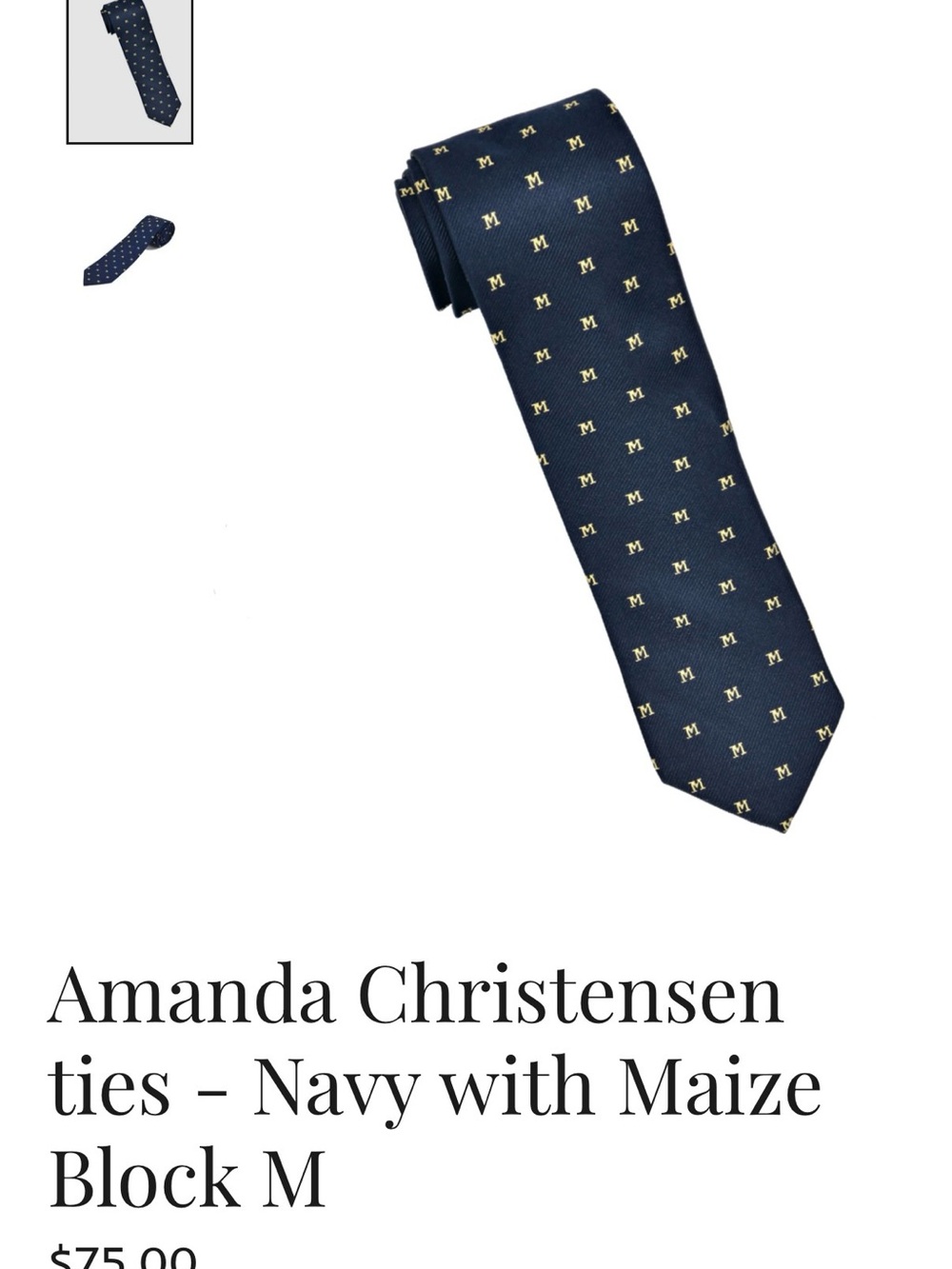 Amanda Christensen tie is a navy silk necktie featuring a maize "Block M"